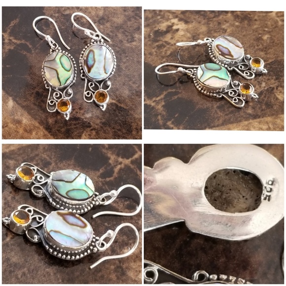 Beautiful Abalone & Yellow Topaz Earrings 1.5"long - Picture 2 of 3